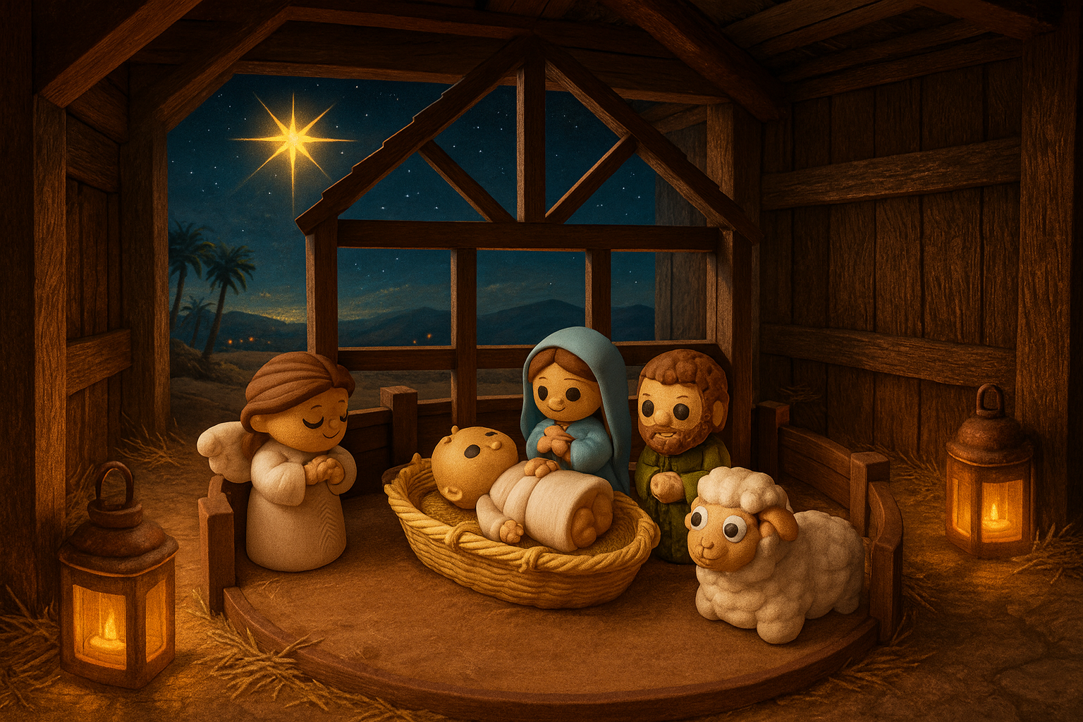 Nativity scene in barn with guiding star